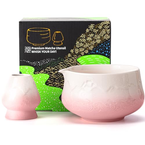 TEANAGOO Matcha Bowl with Spout,2-Pcs Fuji Design Ceramic Bowl and whisk Holder(chawan),18.9oz/560ml Pink Matcha Bowl with Stand, Gift Set for Friend/Family