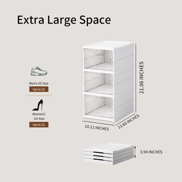 3 Tier Plastic Storage Bins with Lids,Clear Stackable Shoe Storage Boxes,Free Standing Space Saving Shoe Rack Shelf Cabinet for Closet Entryway,No Assembly Required,Transparent Shoe Organizer