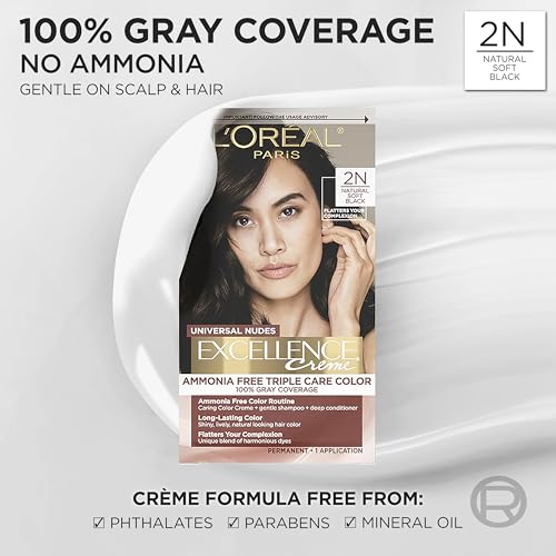 Image of L'Oreal Paris Excellence Universal Nudes Permanent Hair Color, Ammonia Free Hair Dye for Gray Hair Coverage, 2N Natural Soft Black, 1 Hair Dye Kit