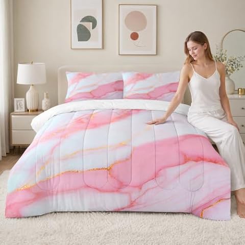FUYEUN Pink and Gold Marble Comforter Set Queen, Bedding for Girls Teens — $40.84 (12% off)