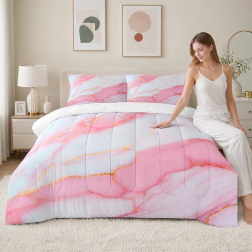 FUYEUN Pink and Gold Marble Comforter Set Queen, Bedding for Girls Teens