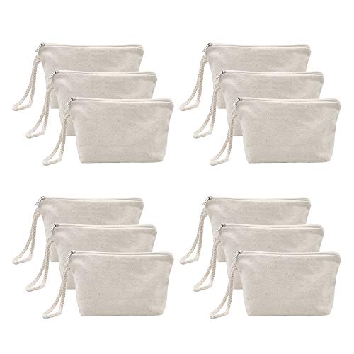 Aspire 12-Pack Natural 100% Cotton Canvas Wristlet Pouches, DIY Cosmetics Bag with Bottom