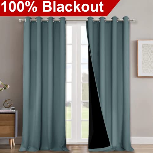 Image of NICETOWN 100% Blackout Curtains for Windows, Pack of 2, Greyish Blue, 52 inch W x 102 inch L, Super Heavy-Duty Black Lined Total Darkness Drapes for Bedroom, Privacy Assured Window Treatment for Patio