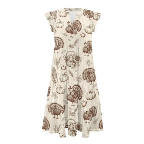 Image of Women's Casual Ruffle Sleeve Dress V Neck Pullover Dress Flowy A-Line Pleated Lightweight Dress with Pockets