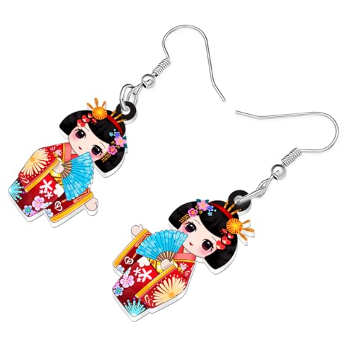 RAIDIN Boucles d'oreilles pendantes en acrylique mignonnes et traditionnelles - Poupée japonaise Kokeshi - Cadeau pour femmes - Bijoux japonais de kimono pour fans d'anime - Cosplay - Décorations de – vue 3