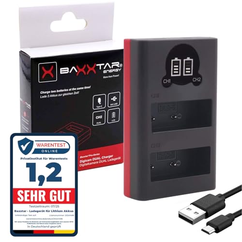 Baxxtar 18802 Cargador para batería BLS-5 BLS-50 BLS-1 - Compatible con Olympus OM-System - Mini Cargador Doble LCD - Se alimenta a través de USB-C o Micro-USB