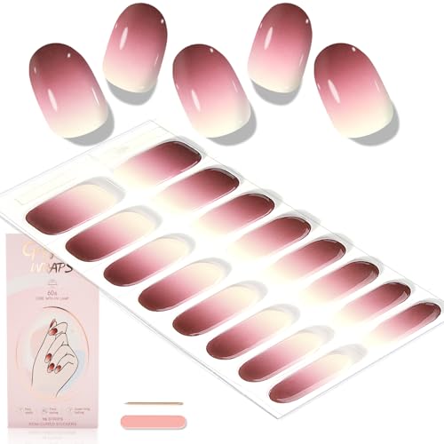 WOKOTO Semi Cured Gel Nail Strips (Gradient Burgundy)-16 Pcs Gel Nail Stickers | Gel Nail Wraps | UV Light Required, Salon Quality & Easy to Use, Real Nail Polish Strips Stick On Nails with Nail File