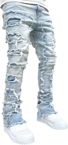 SANSIWU Jeans for Men Stretch Fit Skinny Stacked Ripped Destroyed Jeans Fit Y2K Stacked Patch Jeans Hip Hop Streetwear Straight Trousers - Image 4
