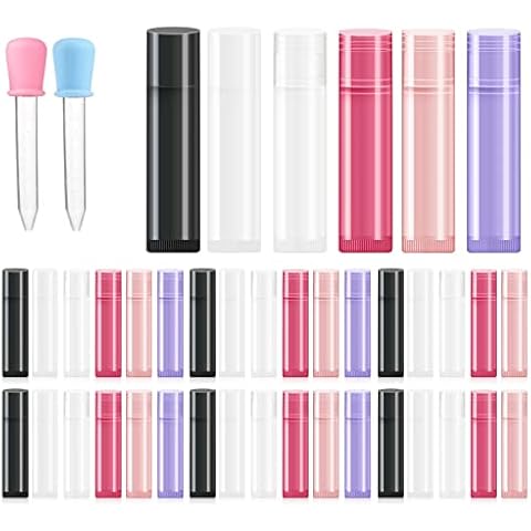 XSHAO 60 Stöcke Lippenstifthülsen zum Selbst Befüllen, Lippenstifthülsen Leer mit 2 Tropfer für Lippenbalm Selbstgemachten Balsam DIY Kosmetik Leere Lippenstifte Cover