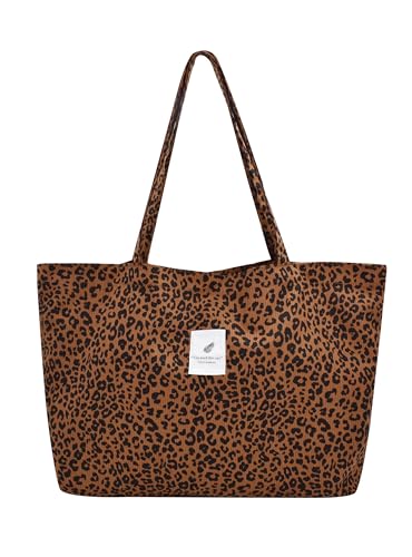 TeeYee Leopard Muster Cord Tasche Damen Umhängetasche Tote Bag Kord Damen Shopper Handtasche Schultertaschen Arbeit Büro Reisen Einkauf Schule Alltag leopard L