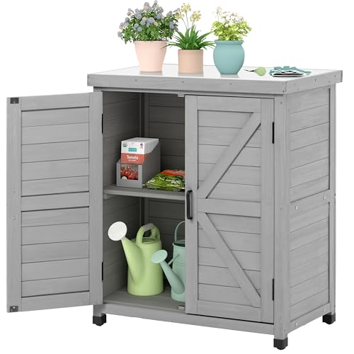 Outdoor Storage Cabinet & Potting Bench Table with Metal Top, Wooden...