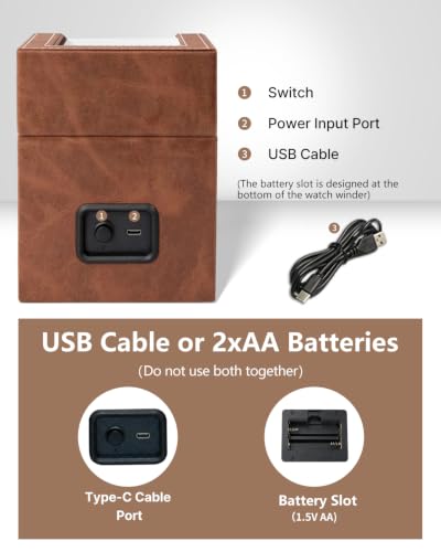 Image of Watch Winder for Automatic Watches: Automatic Single Watch Winder Box | Japanese Quiet Motor, Anti-Magnetic Design, USB-C or Battery Power, Adjustable Pillow, Brown PU Leather, Gift for Men