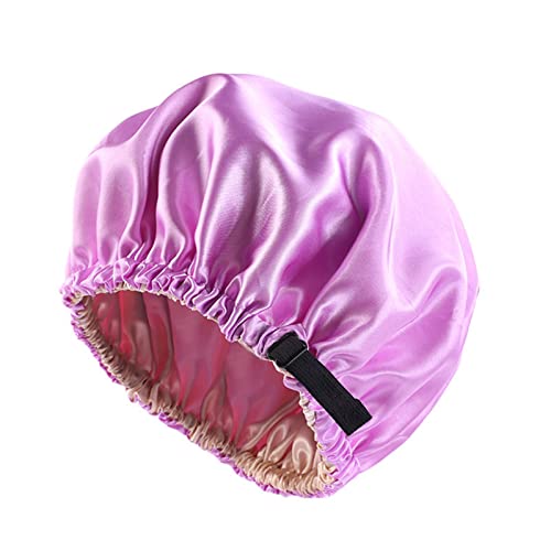 Gorro de dormir para mujer, doble capa de satén, ajustable, gorro suave de satén, para el cuidado del cabello, uso principal (morado) Cover