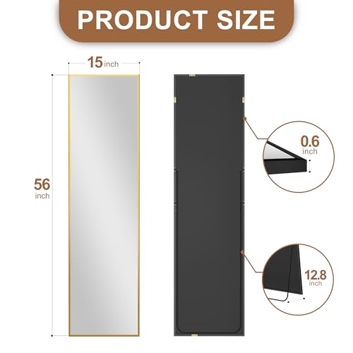 Delma Wall Mirror Full Length Mirror,Standing Mirror Full Body,Large Floor Mirror for Wall Door Bedroom Bathroom Living Room with Aluminium Frame(with Stand,Rect 56x15-Gold)
