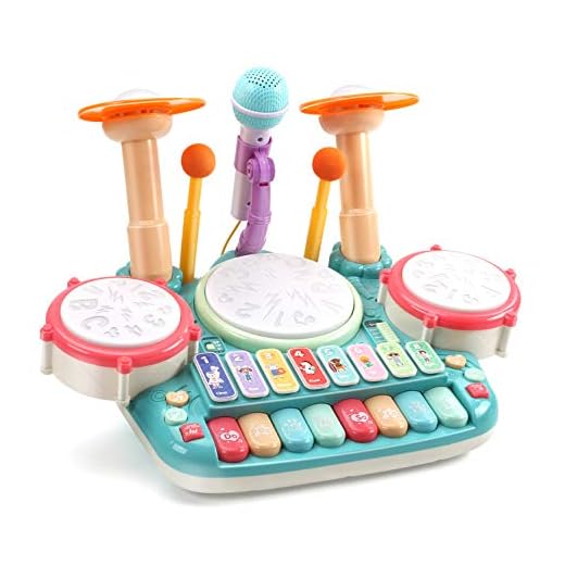 CUTE STONE 5 in 1 Musical Instruments Toys,Kids Electronic Piano Keyboard Xylophone Drum Toys Set with Light, 2 Microphone, Learning Toys Gift for Learning Gift for Baby Infant Toddler Girls Boys