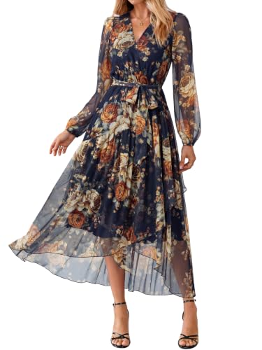 Simplee Women's Floral Long Sleeve Mesh Maxi Dress Fall V Neck Wrap High Low Swing Flowy Wedding Guest Dress Orange Navy L
