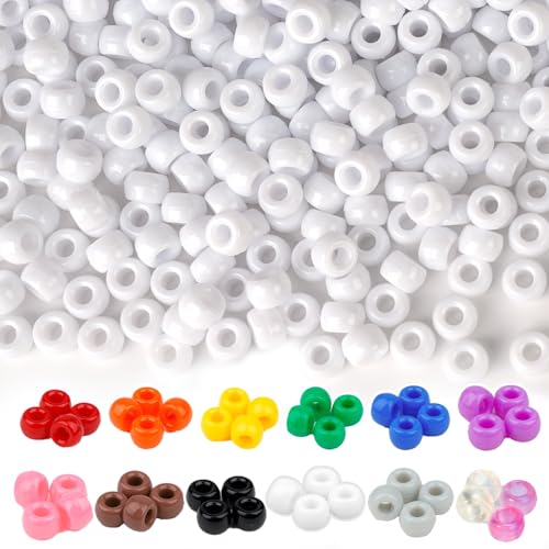 Dowsabel White Pony Beads Bulk 1000 Pcs 6x9mm Large Hole Kandi Hair Beads for Braids Bracelets DIY Friendship Bracelets Necklaces Jewelry Making Crafts and Gifts