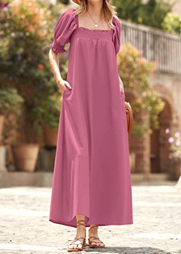KIRUNDO Women 2026 Summer Maxi Dress Casual Loose Puff Sleeve Square Neck Maternity Flowy Long Beach Dresses with Pockets(Rose Pink, XX-Large) — view 2