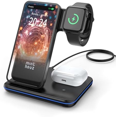 Minthouz Wireless Charger, 3 in 1 Induktive Ladestation mit 18W Adapter für mehrere Geräte Apple, iWatch S8/7/6/5/4/3/SE2/SE (ONLY), AirPods 3/Pro, Qi kompatibel mit iPhone 17/16/1