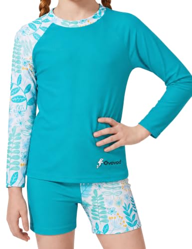 Image of Girls Swimsuit Two Piece Rash Guard Set for 4-14 Years UPF 50+ UV Protective Long Sleeve Swimwear