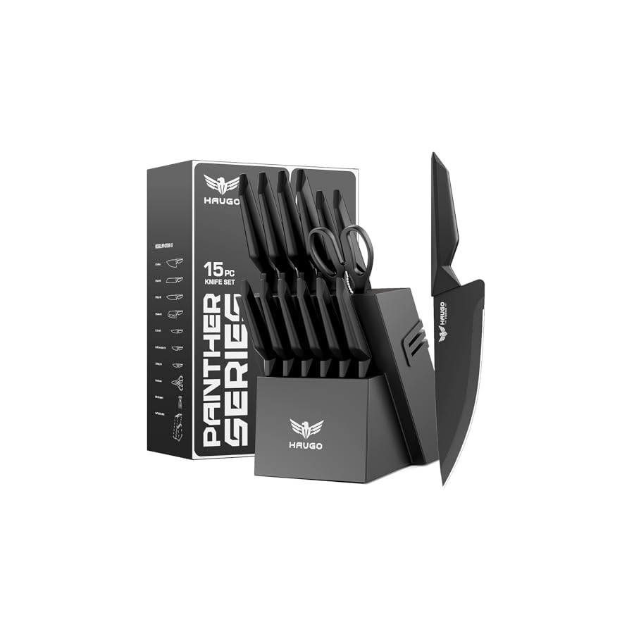 Kitchen Knife Set with Block: 15-Piece High Carbon Stainless Steel Professional Knives - Comfortable Grip Reduces Hand Fatigue 30% - Dishwasher Safe and Sharpener - Black Knife Set for Cooking