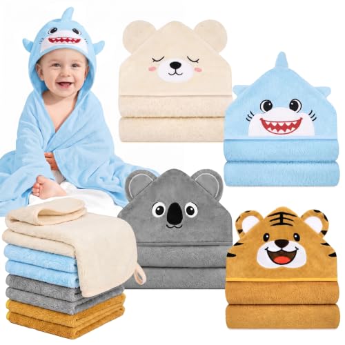 Image of 12 PCS Baby Bath Towels Set for Infants Toddlers Essentials | 4 PCS Baby Towels & 8 PCS Washcloths Set, Cute Animal Hooded, Ultra Absorbent & Soft, Newborn Shower Gifts for Boys & Girls
