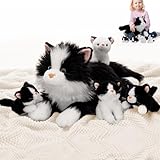 Tezituor 5Pcs Cat Stuffed Animals Set, 20 inch Large Realistic Stuffed Cat with 4 Cute Kittens Baby, Soft Black and White Ragdoll Plush Pillow for Boys Girls