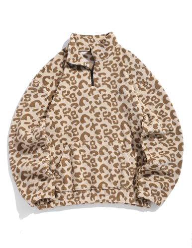 ZAFUL Mens Sweatshirt Vintage Quarter Zip Pullover with Pocket Fleece Unisex Western Aztec Faux Fur Sherpa Top Khaki Leopard Print XXL