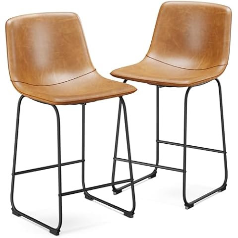 Aowos Bar Stools Set of 2, Modern Counter Height Bar Stools with Back, 26 inch Faux Leather Bar Stools with Metal Legs and Footrest, Urban Armless Dining Chairs for Kitchens Island (Brown) Cover