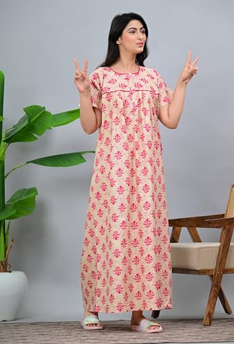 Image of DIAMO Pure Cotton Designer Nighty for Women | Night Gown | Nightdress | Maxi Nighty | Sleepwear | Jaipuri Nighty | Nighties | Cotton Night Gown for Women /Girls with Jaipuri Block Print