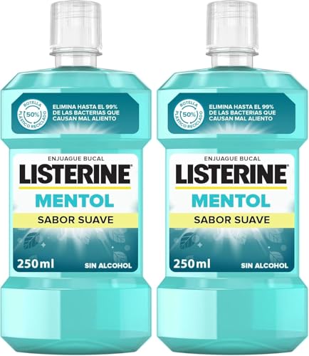 Listerine Mentol Sabor Suave (1x250 ml), enjuague bucal con flúor y 0% alcohol, colutorio encías con 24 h de protección, enjuague bucal sin alcohol para un aliento fresco (Paquete de 2)