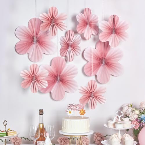 Image of SUNBEAUTY 9 PCS Pink and Cherry Blossom Party Decorations Pink Paper Fans Decor Sunset Party Floral Backdrop Decoration Hanging Paper Flowers for Wall Birthday Wedding Baby Shower Supplies