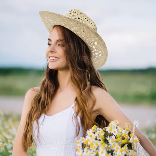 Image of Men & Women's Summer Cowboy Cowgirl Straw Hat Hollow Out Woven Roll Up Wide Brim Sun Hat with Chin Strap