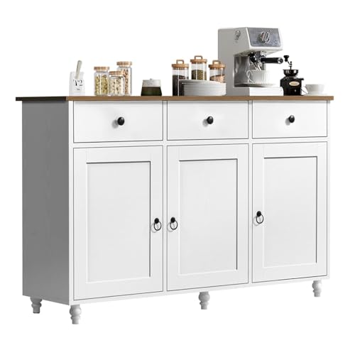 4 EVER WINNER Buffet Cabinet with Storage, 47\" Coffee Bar Cabinet with 3 Drawers and 3 Doorsï¼ŒWhite