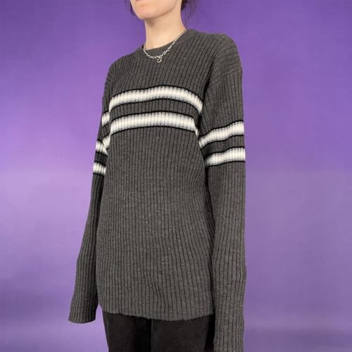 Women Vintage Striped Sweater Y2K Long Sleeve Crewneck Pullover Tops Grunge Oversized Knitwear3