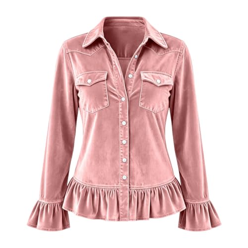 ENCURKUS Womens Velvet Long Sleeves Blouses Western Button Pocket Shirts - image 7