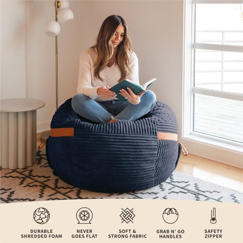 Image of Big Joe Fuf 4Ft Foam Bean Bag Chair with Removable Cover for Kids, Teens, Midnight Blue, Corded Plush, 4 Foot Large Reading and Gaming Seat