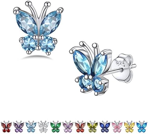 Bestyle Silver Butterfly Earring Stud-Sterling Silver March Aquamarine Birthstone Earrings-Womens Hyperallergic Earrings Simple Dainty Cute Butterfly Earring Sets for Girls Women Butterfly Lovers