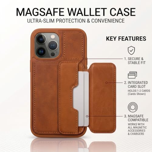 Image of amazon basics Luxury Vegan Leather Back Cover for iPhone 14 Pro | Built-in Card Holder Slot | Integrated Mobile Stand | Slim Shockproof Protective Case with Stitched Finish - Tan
