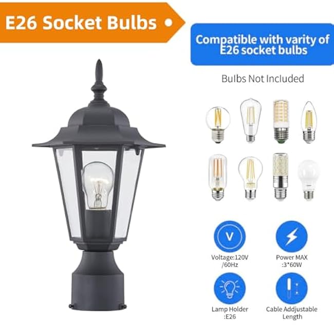 WISBEAM 2 Packs Outdoor Post Light, Pole Lantern, E26 Base 60W Max, Aluminum Housing Plus Glass, Wet Location Rated, ETL Qualified, Bulbs not Included, Black