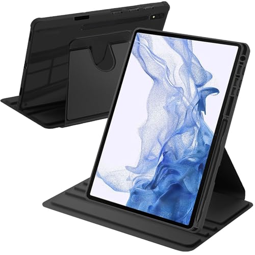 A BEAUTY Funda Giratoria Compatible con Samsung Galaxy Tab S8 Plus 2022 / S7 FE 2021 / S7 Plus 2020 12.4 Pulgadas con Soporte S Pen, Rotación de 360° Respaldo Clara, Negro