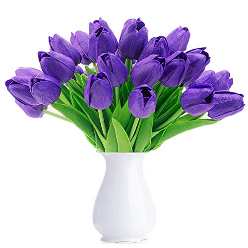 HAOSHICS Tulipanes artificiales falsos de Holanda, ramo de flores de látex para boda, hogar, hotel, fiesta, jardín, multicolor, 10 unidades (morado oscuro)