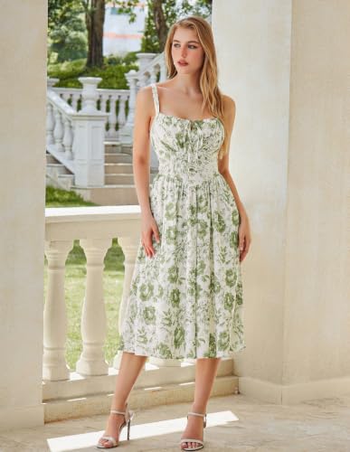 Image of Scarlet Darkness Women's Floral Corset Dress with Pockets for Summer Spring | Floral corset midi dress with adjustable straps, square neck, smocked back bodice, left zip, side pockets, flowy A-line hem
