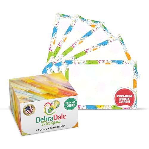 Splash of Color 250-Pack Unruled Index Cards - 3"x5" - 140# Premium Cardstock with Paint Splatter Background - Creatively Packaged - Made in USA