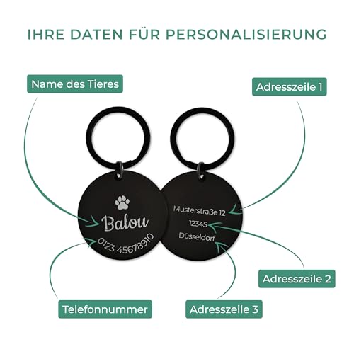 LAUBLUST Personalisierte Hundemarke mit Gravur für Halsband - Rund, Schwarz, Edelstahl | Größen S, M, L - Personalisiertes Geschenk für Hunde, Hundebesitzer mit Name als Hundezubehör, inkl Geschenkbox