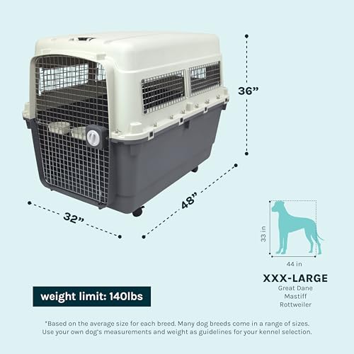 Image of SportPet Airline Compliant XXX-LARGE 48 inch Travel Dog Kennel-Durable Plastic Airline Pet Carrier w /Removable Wheels & Food Bowls, Collapsible Indoor /Outdoor Dog Kennel, Dogs up to 44 inchL & 33 inchH-Cream /Gray