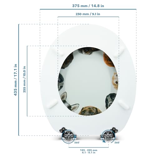 SANFINO® Premium WC Sitz mit Absenkautomatik – hochwertige Toilettendeckel aus Holz, viele bunte Motive, hoher Sitzkomfort, einfache Montage inklusive Montageanleitung – 'Dog Circle'