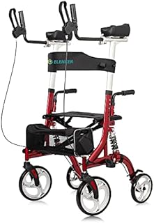 ELENKER Upright Rollator Walker, Stand Up Rollator Walker with Shock Absorber, 10” Front Wheels and Carrying Pouch, Suitable for Outdoor, Red