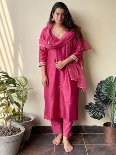 Image of ANNI Designer Women's Pure Cotton Kurta Plazzo Dupatta Set | Hand Embroidered Neck Design | Ethnic Wear Kurti Set for Women Cotton Suit Set | Traditional Festive Dress for Women