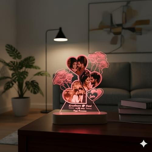Image of Personalized LED Heart-Shaped Acrylic Photo with Custom Name & Date - Romantic Anniversary Gift for Couples - Unique Love Night Lamp with Rose Design - Customizable for Valentine's, Weddings